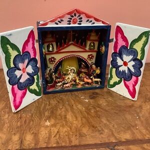 Vintage Peruvian Retablo Nativity Scene Hand Painted Folk Art Diorama Cabinet
